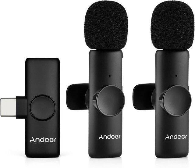 Andoer OneTriggerTwo Mini 2,4G kabelloses Lavalier-Mikrofonsystem mit 2 Sendern und 1 Empfänger, Schwarz, USB-C - Bild 1