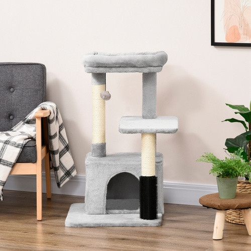 PawHut Kratzbaum für Katzen mit Katzenhöhle und integriertem Spielzeug in Hellgrau, B/T/H: 48 x 48 x 85 cm - Bild 3