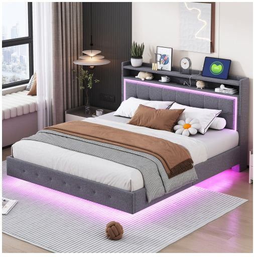 Gepolstertes Bett MUVOE in Grau aus Leinenstoff mit USB-Anschluss und LED-Beleuchtung, B/T: 160 x 200 cm - Bild 1