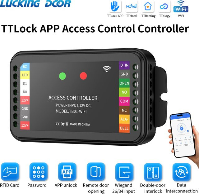 TTLock 2.4G WLAN-Zutrittskontrollsystem in Schwarz mit App-Fernentriegelung, RFID-Kartenleser, Passwortfunktion und Wiegand-Eingang für Doppeltüren - Bild 1