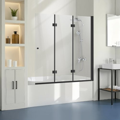 VEVOR Rahmenlose Badewannen-Duschtür aus Sicherheitsglas, klappbare Duschglastür mit 180 Grad drehbarem Design, Schwarz, B: 129,5 cm, H: 142,2 cm - Bild 1
