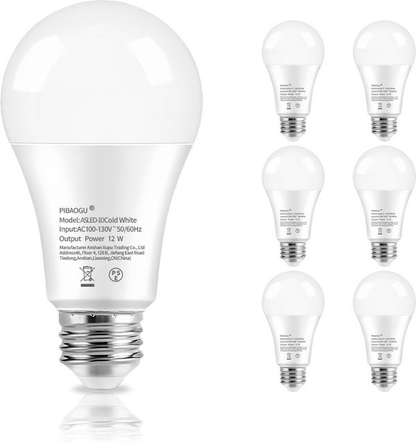 PIBAOGU LED-Glühbirnen Set 6 Stück, E26 Sockel, 12 W, Cool White, Weiß - Bild 1