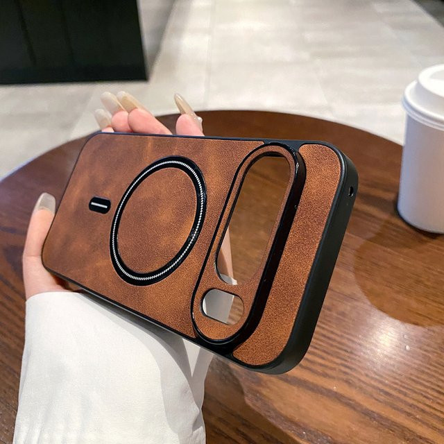 Magnetische Lederhülle für Google Pixel 10 Pro XL, 10 Pro und 10A mit mattem Rundum-Kameraschutz und MagSafe-Kompatibilität in Grau und Braun - Bild 1