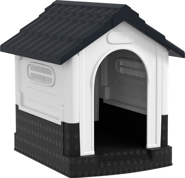 PawHut Mini-Hundehütte für den Außenbereich aus Kunststoff mit 3 Fenstern und Ziegeloptik-Dach in Dunkelgrau, B/T/H: 64,5 x 57 x 66 cm, von Aosom - Bild 1