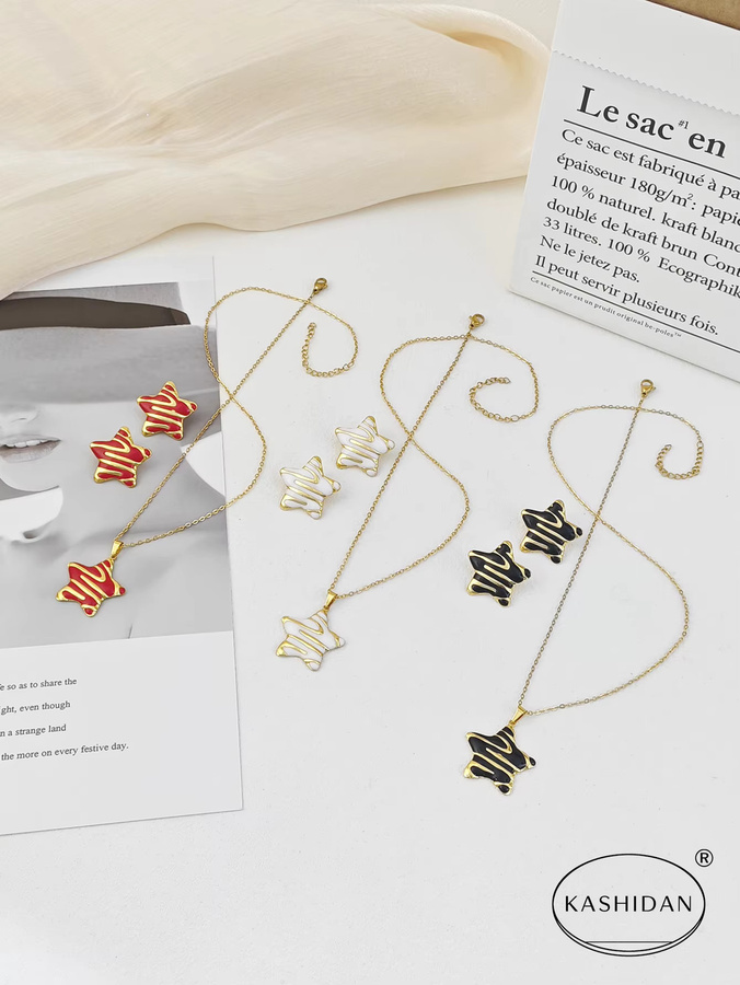 KASHIDAN Schmuckset, Ohrstecker und Halskette, Emaille-Tropfen-Stern, Edelstahl, Gold, Damen - Bild 2