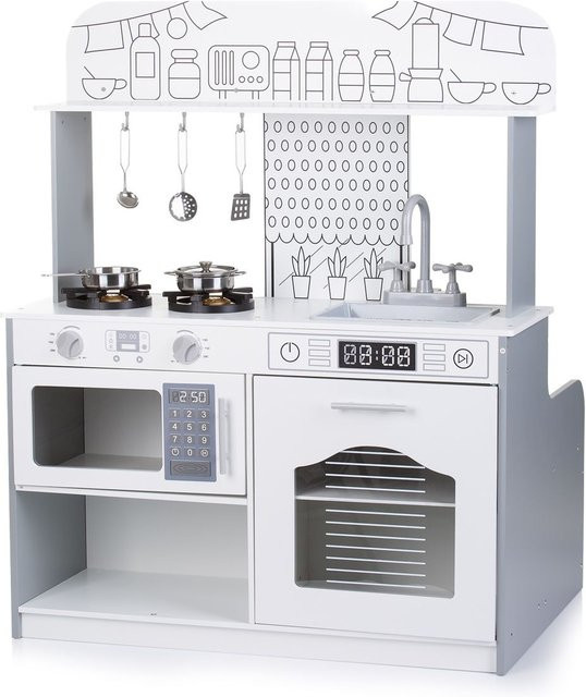 Chipolino Kinderküche 2 in 1 Set mit Tisch, Hocker, Küchenutensilien, Töpfen und Mikrowelle in Weiß - Bild 1
