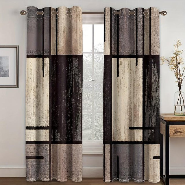Yiran Furniture Vorhänge im 2er-Set mit abstraktem geometrischem Design in Schwarz-Weiß, halbtransparent, mit Ösenaufhängung, Breite: 135 cm, Höhe: 165 cm - Bild 1