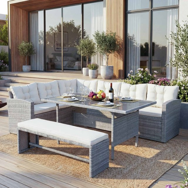 MCW Poly-Rattan Gartengarnitur A29 Lounge-Esstisch-Set in Hellgrau mit Bank und cremefarbenen Kissen - Bild 1