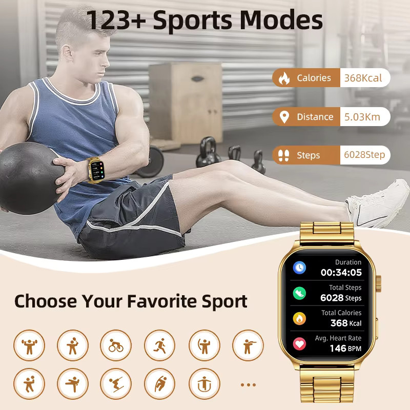 LIGE Smartwatch mit 2,01 Zoll HD-Bildschirm für Männer und Frauen mit Telefonfunktion für Android und iOS in Schwarz und Gold - Bild 4