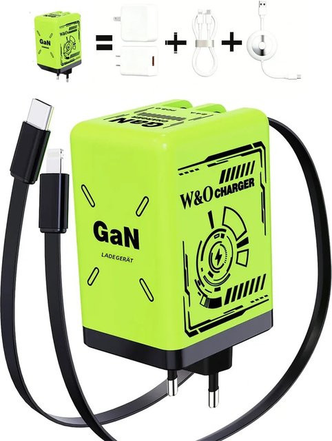 W&O GaN Schnellladegerät in Grün mit 80 cm einziehbarem Kabel, Dual-Port für Lightning und USB-C Geräte - Bild 1