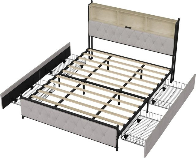 PXloue Doppelbett mit Metallrahmen und Schubladen in Beige, Samt, B/T/H: 180 x 200 x 115 cm - Bild 1