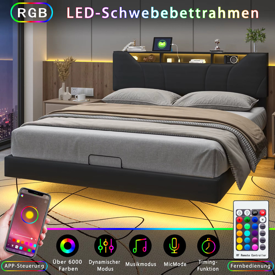 Anajqaqia Polsterbett mit verstellbarem Kopfteil und hydraulischem Stauraum in Schwarz, B/T: 140 x 200 cm - Bild 3