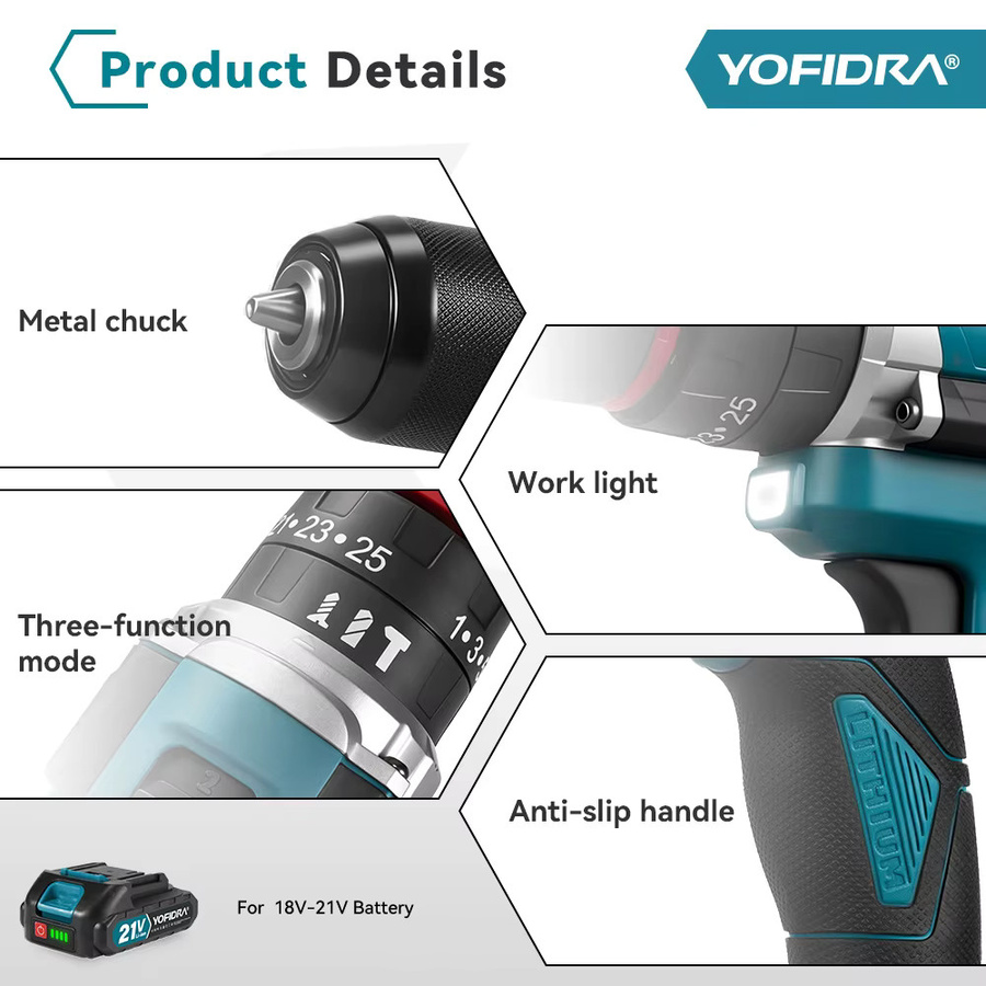 YOFIDRA 3in1 Akku Schlagbohrmaschine mit 25+3 Drehmomentstufen, kompatibel mit Makita 18V LXT Akkus - Bild 3