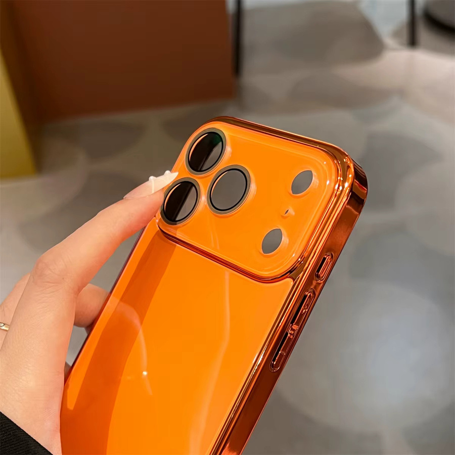 BeisFun Handyhülle aus gehärtetem Glas für iPhone 11 bis 17 Pro Max Plus mit Kristall-Linsenschutz und Stoßstange in Gold und Orange - Bild 3