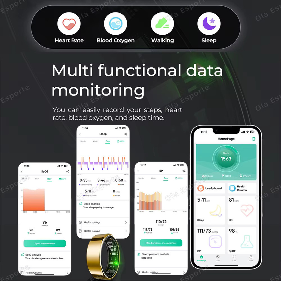 Ola Esporte Smart Ring 2025 in Schwarz mit Blutdruckmessung, Herzfrequenz- und Schlafüberwachung, IP68 & 5ATM wasserdicht, Unisex - Bild 3