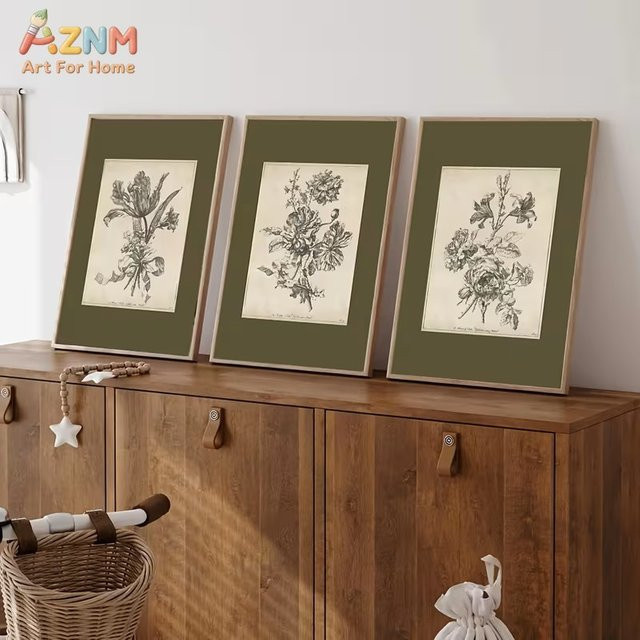AZNM Vintage Botanische Skizzen Leinwand-Wandkunst mit floralem Blumendruck in Olivgrün - Bild 1