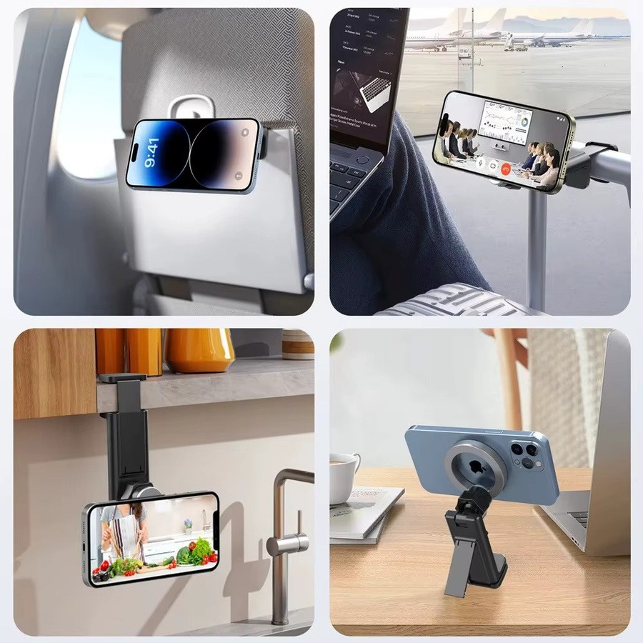 Magnetischer Handyhalter für Flugzeug und Reise, Tragbarer Telefonständer mit Clip für MagSafe, iPhone und Xiaomi, Schwarz - Bild 2