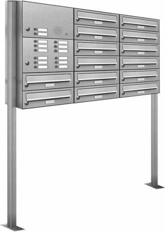 AL Briefkasten für 14 Parteien, freistehendes Briefkastensystem aus Edelstahl, silberfarben, B/H/T: 122,9 x 150 x 27,5 cm - Bild 1