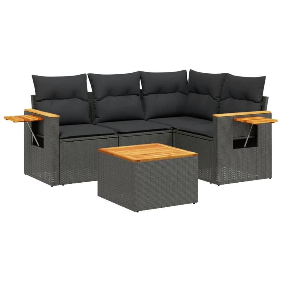 vidaXL 5-teilige Garten-Sofagarnitur aus Poly-Rattan und Akazienholz in Schwarz mit Kissen - Bild 2