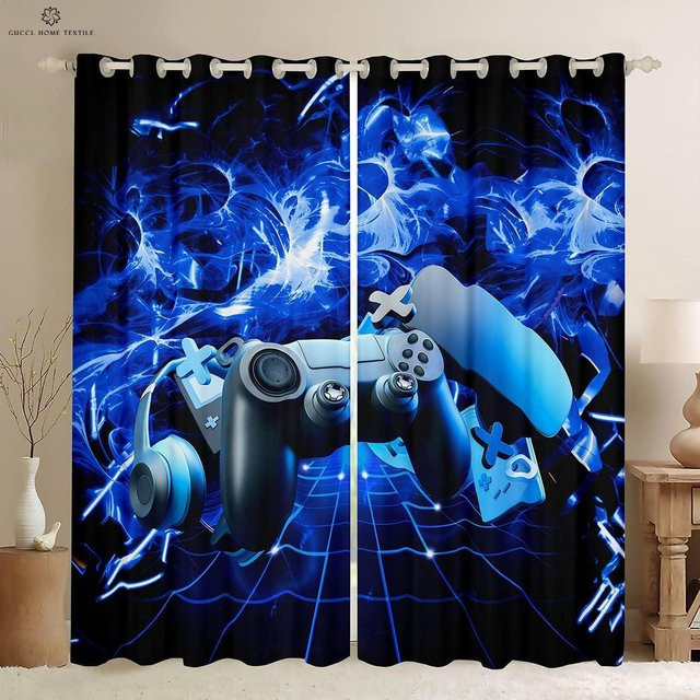 Yiran Furniture E-Sports Vorhänge mit buntem Grafikdruck, 2er-Set, Blau/Mehrfarbig, B: 50 cm, H: 130 cm - Bild 1