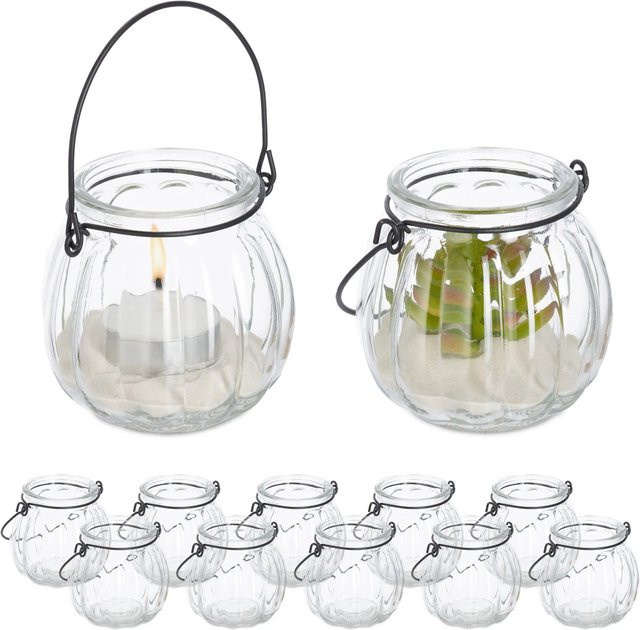 Relaxdays Windlicht Set aus Glas und Eisen in Schwarz und Transparent mit Henkel für Teelichter, 12er Set, Höhe: 13,5 cm, Durchmesser: 8 cm - Bild 1