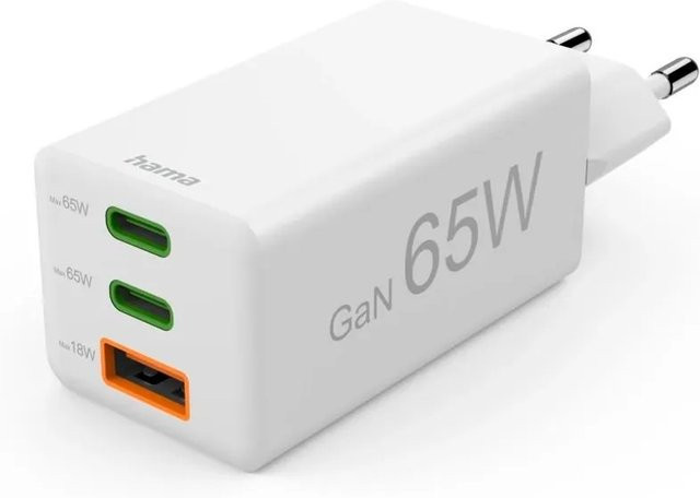 Hama GaN Schnellladegerät mit 2x USB-C und 1x USB-A, PD 65 W, Weiß - Bild 1