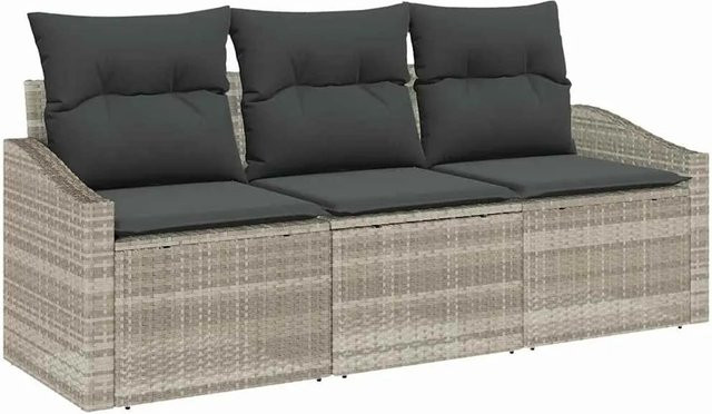 vidaXL Garten-Sofa-Set 3-teilig aus Poly Rattan in Hellgrau mit Polstern und Metallrahmen - Bild 1