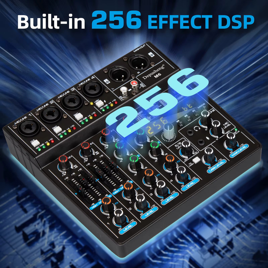 Depusheng M6 6-Kanal-Tonmischpult mit Bluetooth und USB-Aufnahme, Schwarz, inklusive 48V Phantomspeisung und Delay-Repeat-Effekt - Bild 4