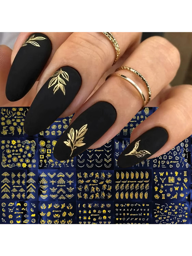 Golden Line Nagelaufkleber, Schwarz-Goldene Blumen, 30 Blatt - Bild 5