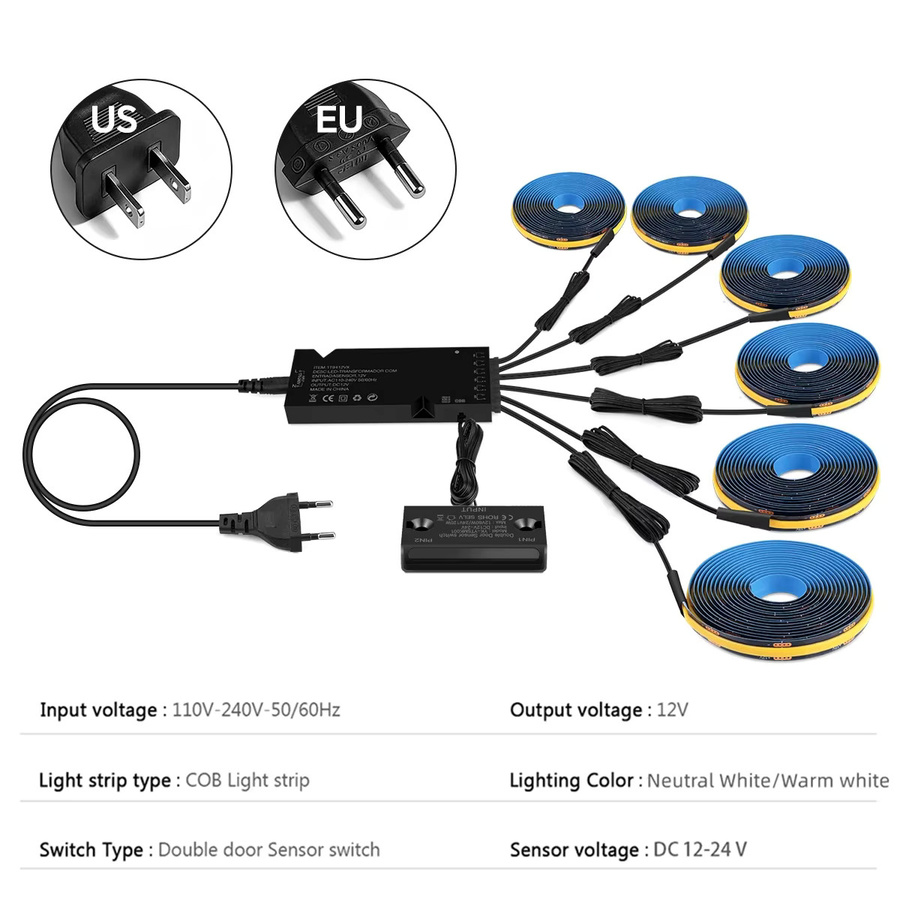 CHNAITEKE LED COB Streifenlicht Set mit Türsensor und Stromversorgung, Warmweiß, Schwarz, 12V für Küchenschränke und Möbel - Bild 2