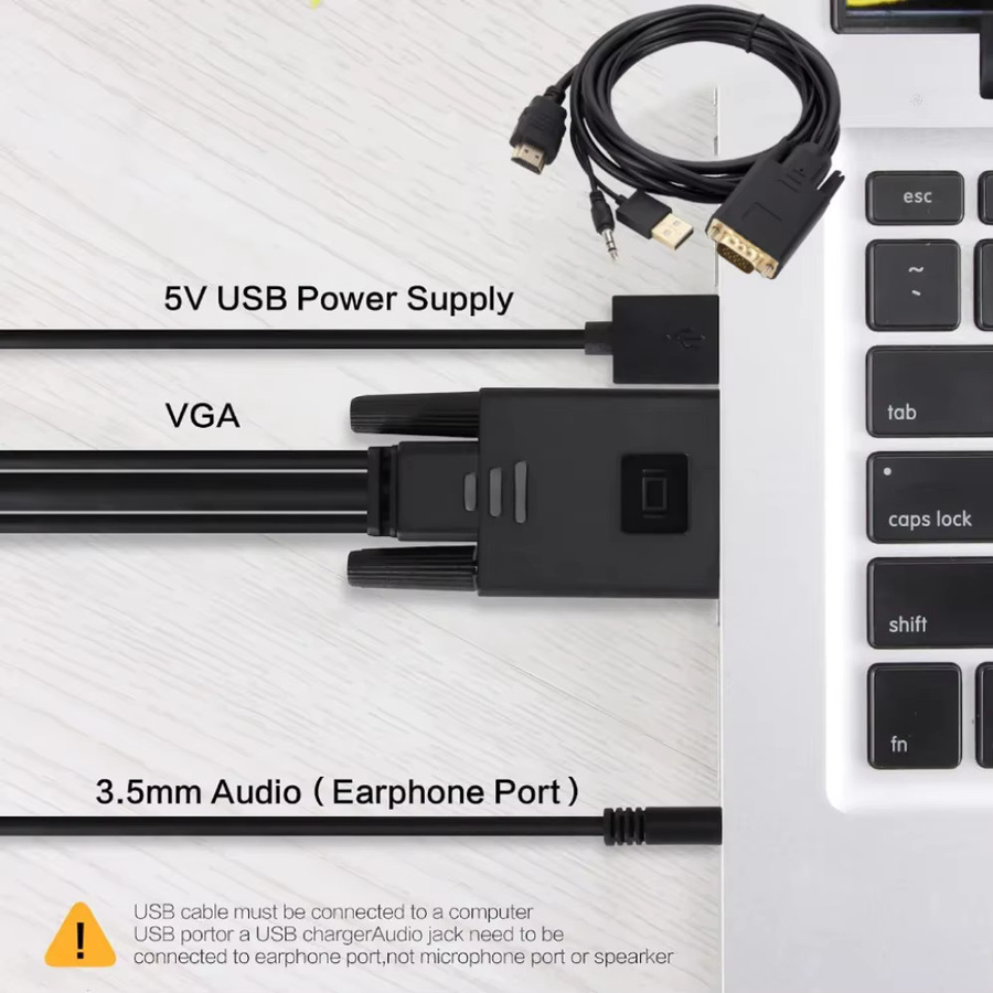 GRWIBEOU VGA zu HDMI Konverter Kabel mit 3,5mm Audio und USB Netzteil, 1080P Full HD, Schwarz, Länge: 1,8 m - Bild 3