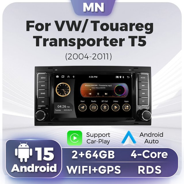 Android 13 Autoradio für Volkswagen VW Touareg T5 Transporter 2002–2011 mit Carplay und Android Auto, 2 DIN Multimedia Player, Schwarz - Bild 1