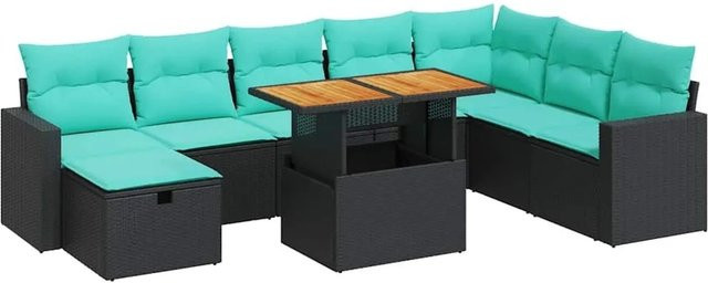 vidaXL 9-teilige Garten-Sofagarnitur in L-Form aus Poly-Rattan und Akazienholz mit Kissen in Schwarz - Bild 1