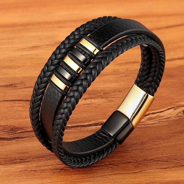 Yiran pet products Armband, Edelstahl, Leder, Schwarz, Herren, 23cm - Bild 1