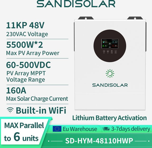 SANDISOLAR 11KP Hybrid-Solarwechselrichter 11000W 48V mit reiner Sinuswelle, Dual-Eingang MPPT 160A und integriertem WLAN in Weiß - Bild 1