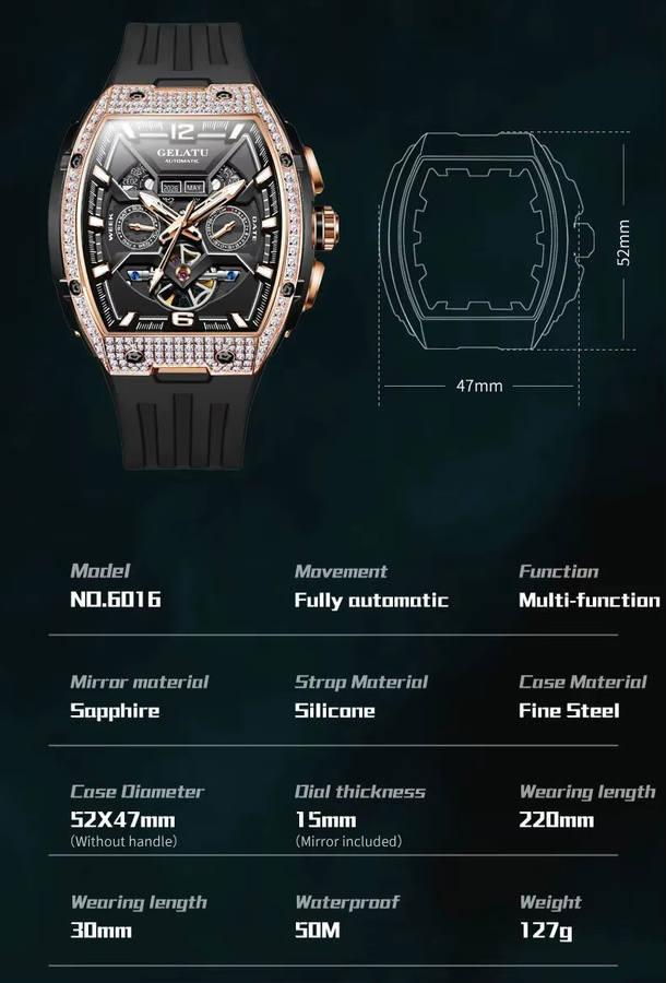 GELATU Armbanduhr, Automatik, Diamant, Silikonarmband, Herren, Schwarz - Bild 6