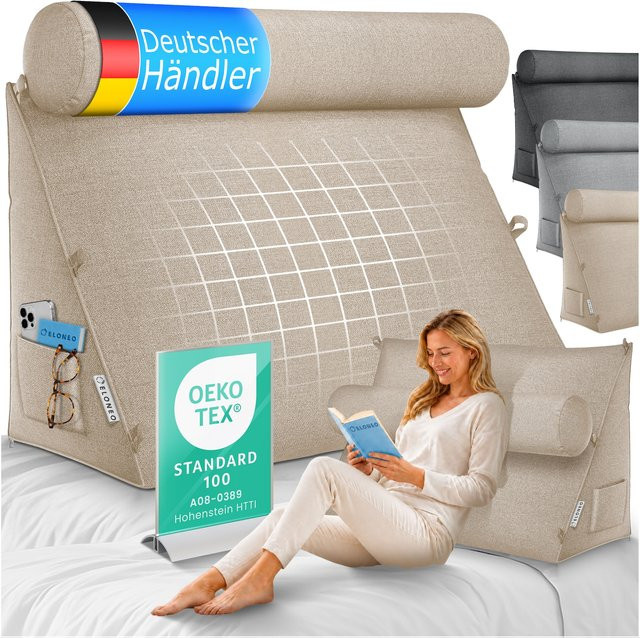ELONEO Rückenkissen Sand mit verstellbarer und abnehmbarer Nackenrolle, dreieckiges Keilkissen für Bett und Sofa mit waschbarem Bezug und Seitenfach, Breite: 70 cm - Bild 1