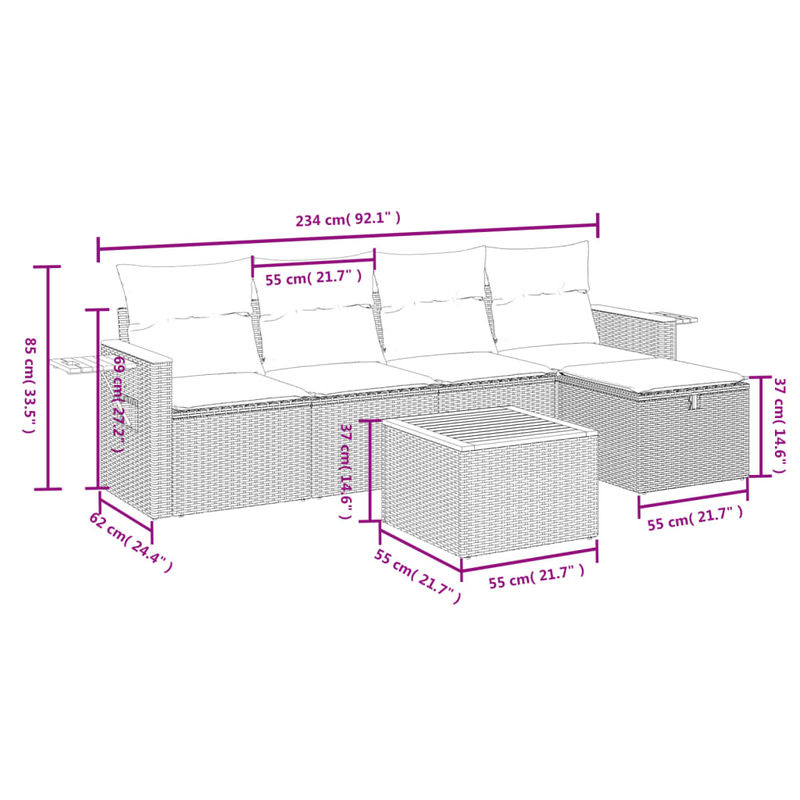 vidaXL 6-teilige Garten-Sofagarnitur in L-Form aus Poly-Rattan in Grau mit Kissen und Metallgestell - Bild 2