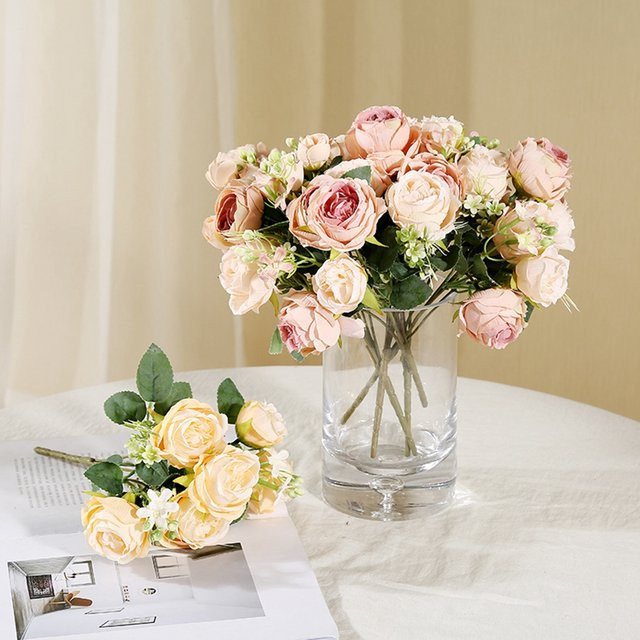 TTCY Künstliche Blumen Pfingstrosen und Rosen in Orange und Pink für Tischdekoration und Hochzeiten - Bild 1