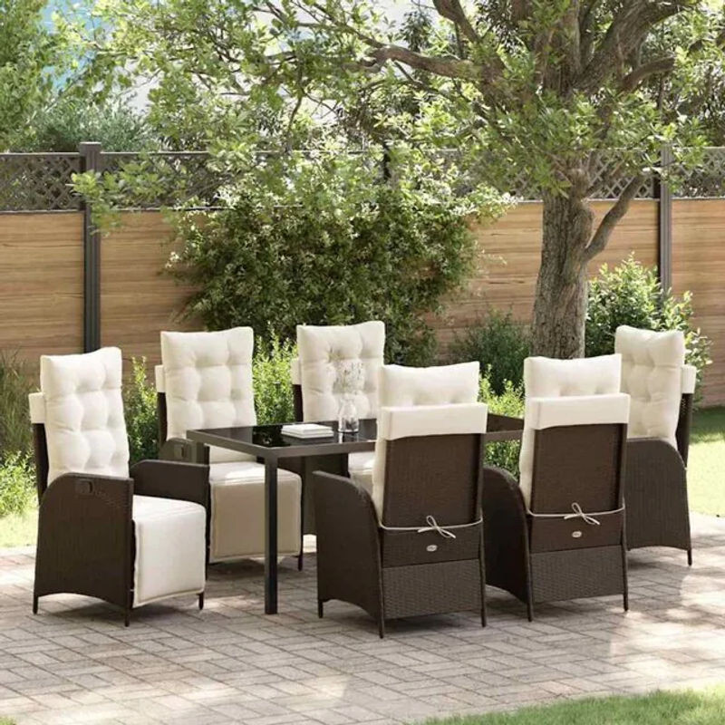 Garten Essgruppe aus Poly-Rattan und Metall mit Glastisch in Braun von vidaXL, 7-teilig, modern - Bild 1
