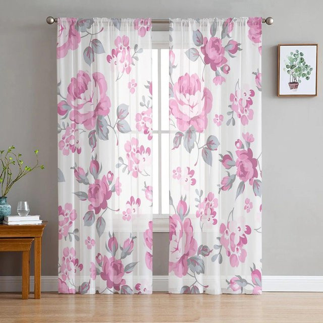 Transparenter Tüllvorhang von A Family Of Home Textiles mit floralem Rosenmuster in Rot, Grau und Pink, Breite: 135 cm, Höhe: 244 cm - Bild 1