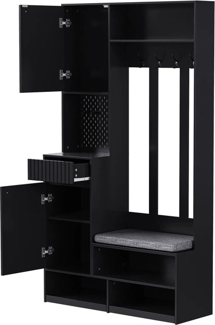 okwish Garderoben Set mit Sitzbank in Schwarz, modernes Hallentree mit 4 Haken, Türen und Schubladen, B/H/T: 100 x 180 x 35 cm - Bild 1