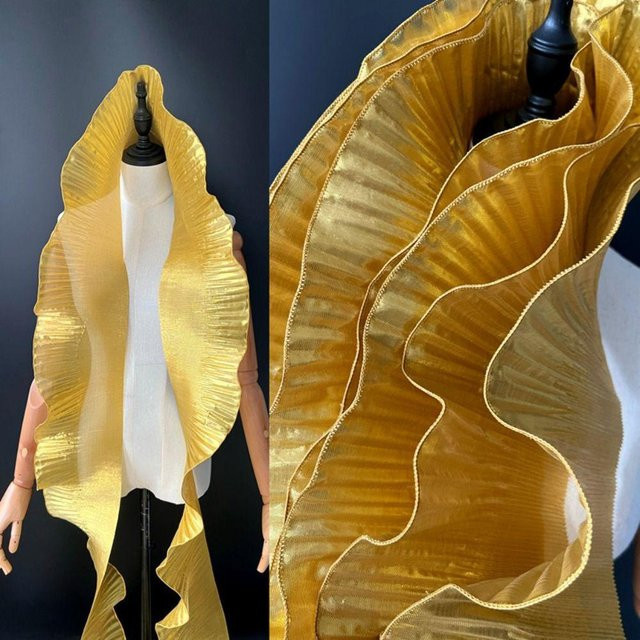 Goldener Wellen-Spitzenstoff aus Organza mit metallischem Glanz, Breite: 15 cm, 1 Yard Länge - Bild 1