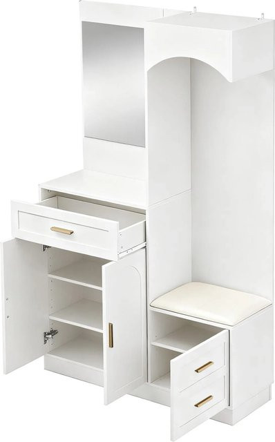 okwish Garderoben Set mit Spiegel, Schuhschrank und Sitzbank in Weiß, B/T/H: 110 x 33 x 185,5 cm - Bild 1