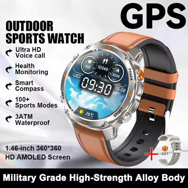 Lucky Start T-Rex 3 Pro Smartwatch für Herren mit AMOLED Display, Militärstandard, 10ATM Wasserdicht, Dual-Band GNSS, Kompass und Höhenmesser, Farbe Braun mit Lederarmband - Bild 1