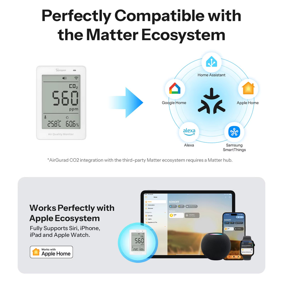 SONOFF AirGuard CO2 Matter Luftqualitätsmonitor SAWF-08P in Weiß mit Temperatur- und Feuchtigkeitsmesser sowie Ton- und Lichtalarm via WiFi - Bild 3