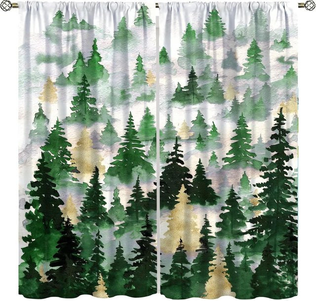 Landhaus Vorhang mit Wald-Wildtier-Motiv Bär Hirsch Fuchs Wolf, 2er-Set halb-verdunkelnde Fensterdekoration aus Polyester, Farbe: Grün, B/H: 100 x 130 cm - Bild 1