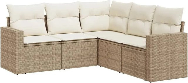 vidaXL 5-tlg. Garten-Sofagarnitur in L-Form aus Poly-Rattan in Beige mit Kissen und Stauraum - Bild 1