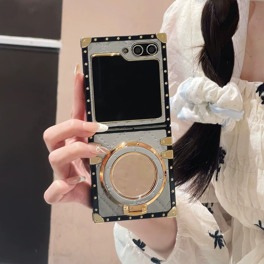 Samsung Galaxy Z Flip7 Handyhülle mit Make-up-Spiegelhalter und Gridding Stand für kabelloses Laden in Grau - Bild 3