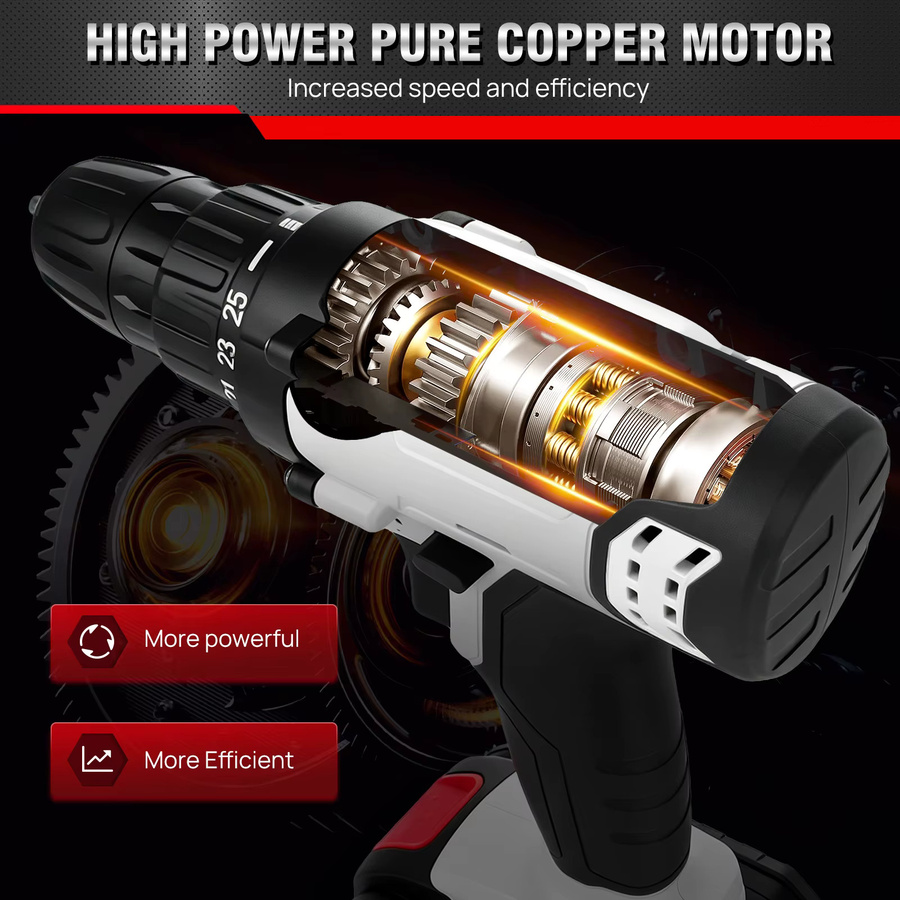 21V Akku-Bohrschrauber-Set in Weiß mit 2 Lithium-Batterien, 30 Zubehörteilen, 25+1 Drehmomentstufen, 2 Geschwindigkeitsstufen und LED-Licht - Bild 4